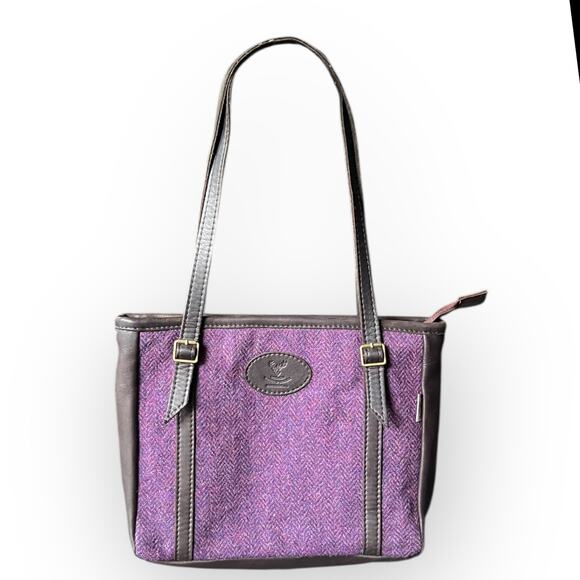 Barrhead Leather Brown Dearskin Aisling Medium Sized Bag w/ Purple Harris Tweed - Picture 1 of 16